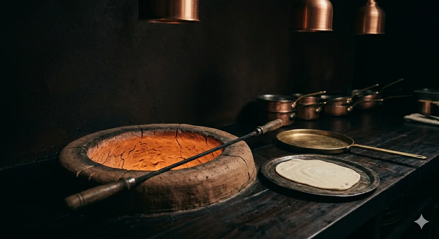 The tandoor at Banaras — a single bench, long sheets of roti pulled by hand