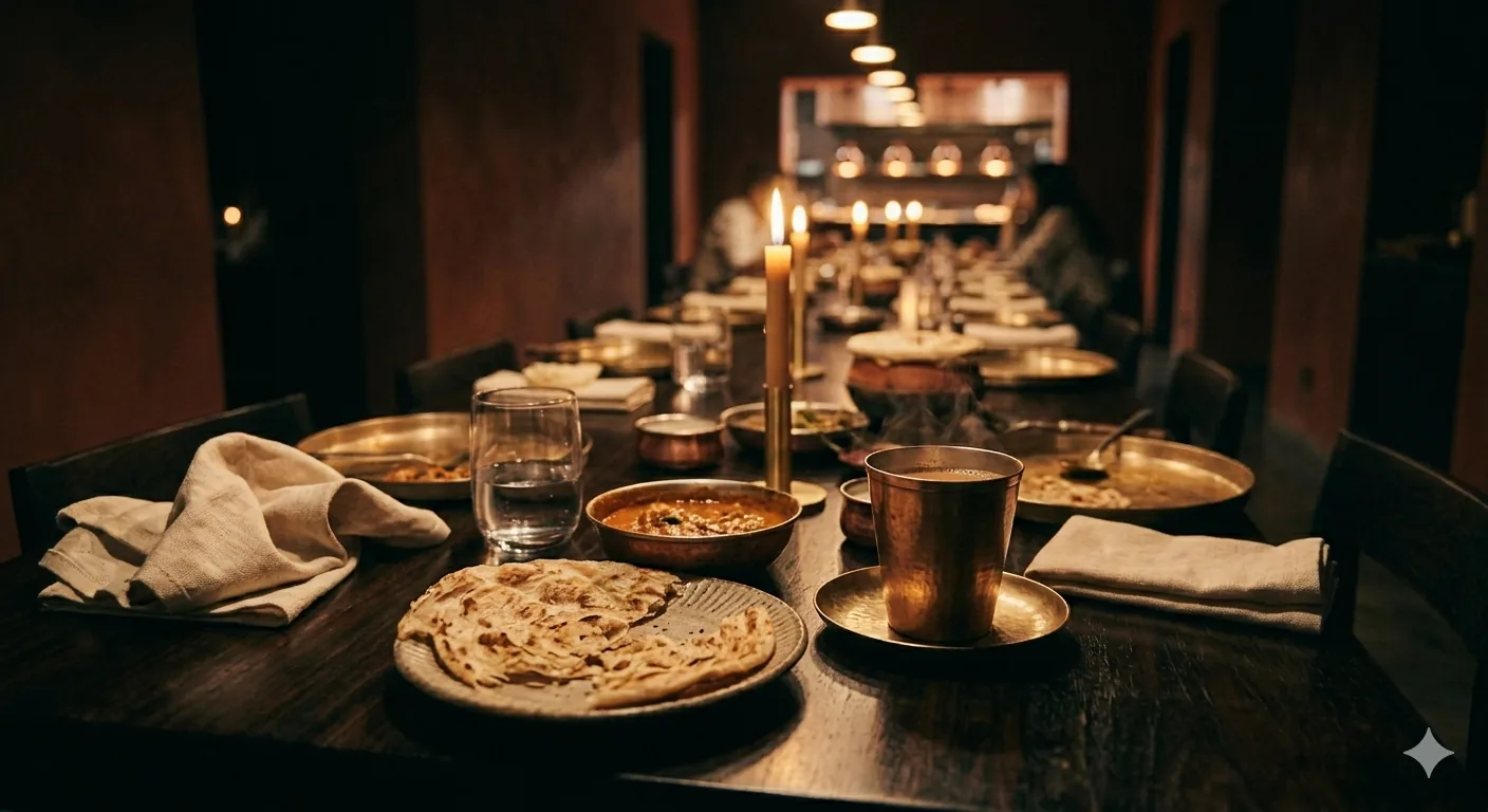 A long table at nine — plates half-finished, kulhad chai on the way, the room at the speed it was built for