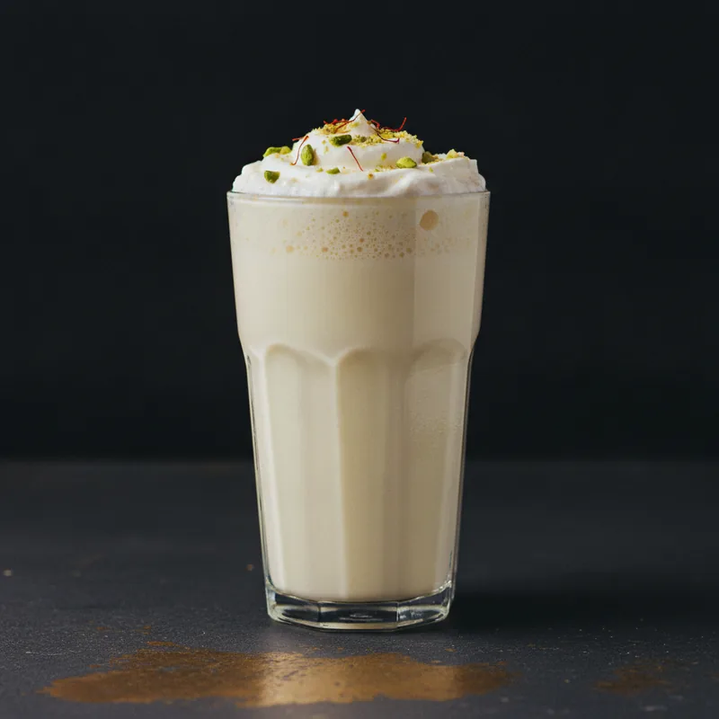 A tall glass of sweet lassi topped with cream, crushed pistachio and saffron on dark slate