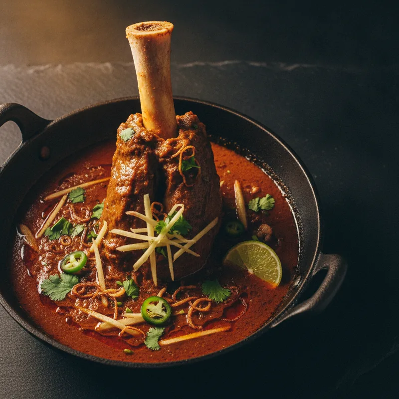 Nalli Nihari — a fall-off-the-bone lamb shank in a rich Nihari gravy, garnished with ginger, coriander and fried onions