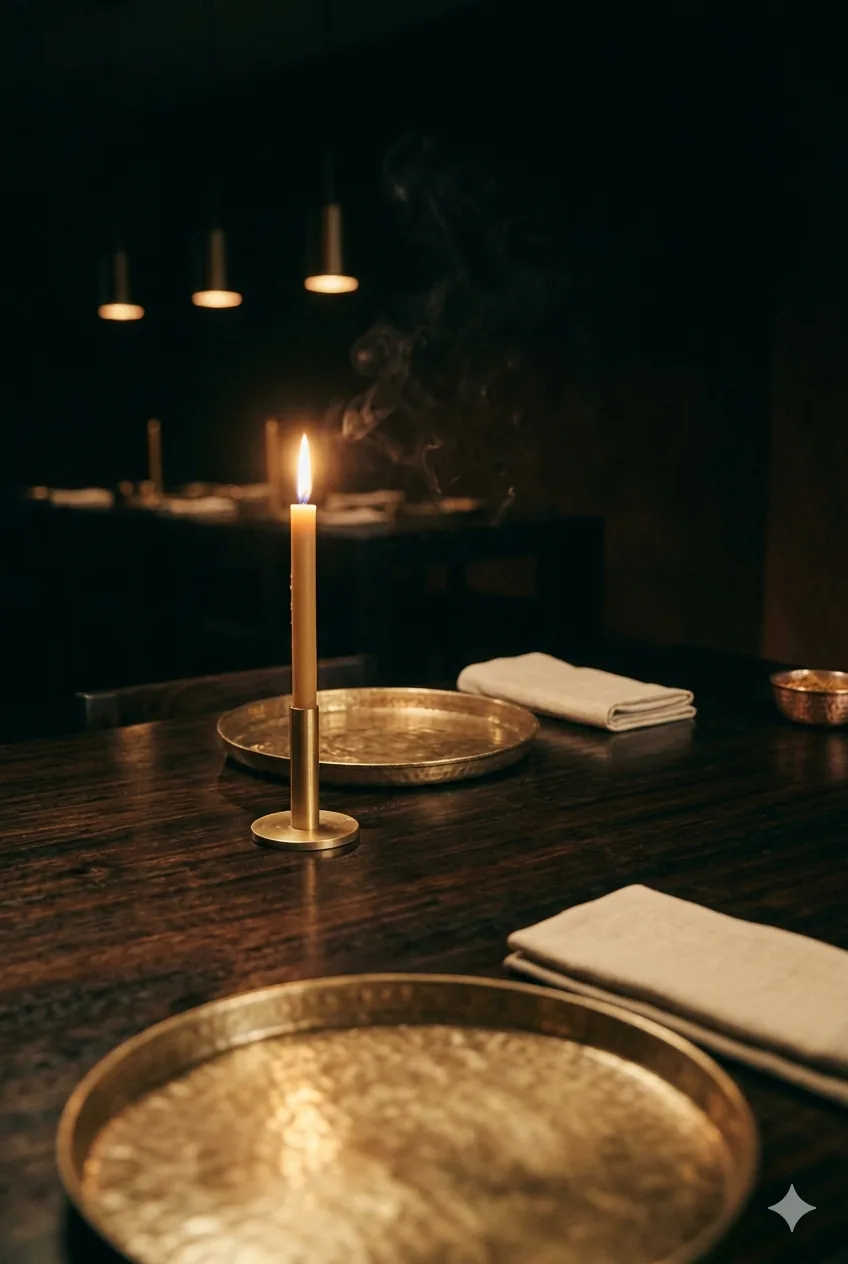 The dining room at Banaras — brass at the edge, candlelight in the middle, tables set for a long evening