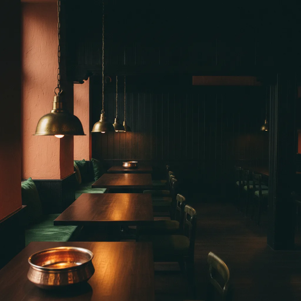 The dining room at Banaras — brass lanterns, dark wood tables, terracotta walls set for a long evening meal