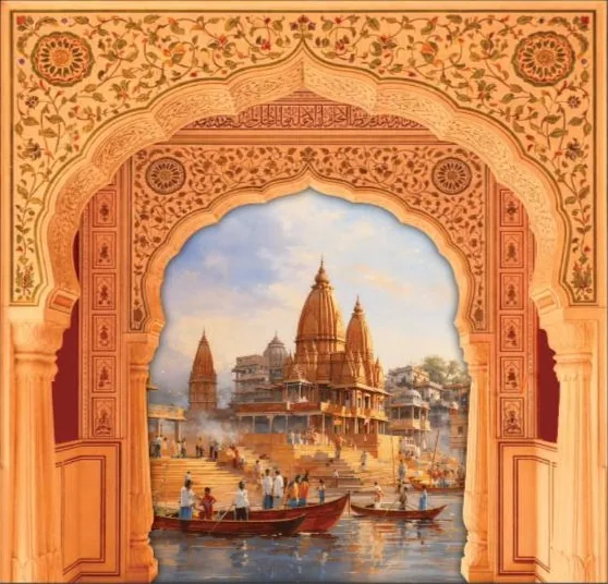 Painting of the Varanasi ghats and riverside temples framed through an ornate Mughal arch — pilgrims and boats on the Ganga