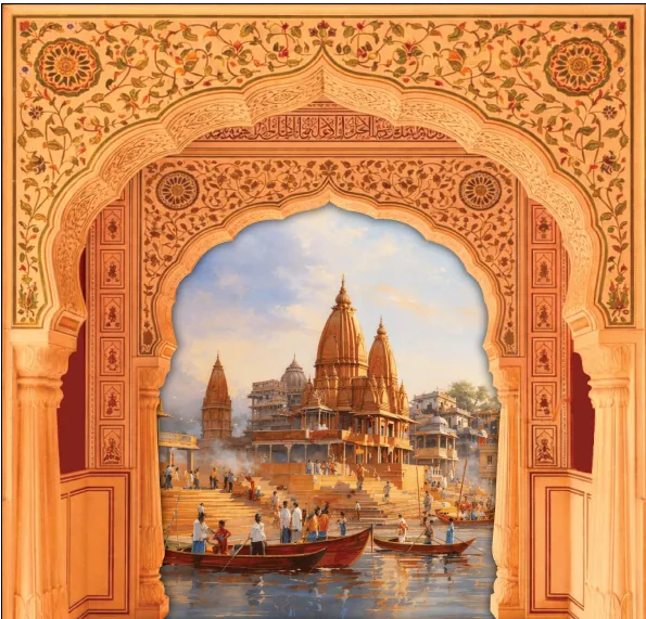 Painting of a Banaras ghat seen through an ornate floral arch — temples, boats on the Ganga