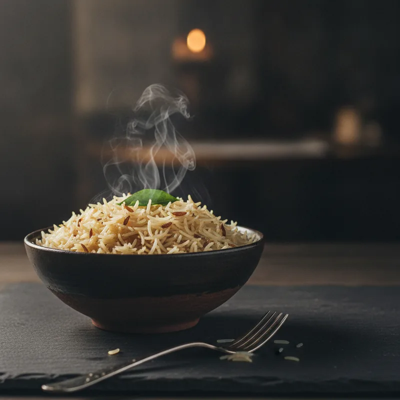 Steaming jeera rice in a dark serving bowl, basmati flecked with roasted cumin seeds