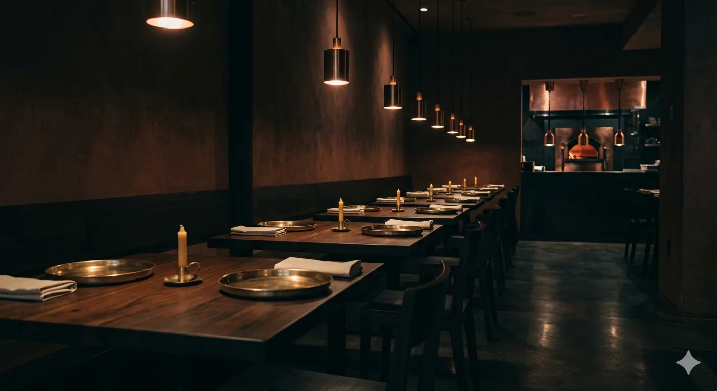 The dining room at Banaras — low light, long tables, brass at the edge