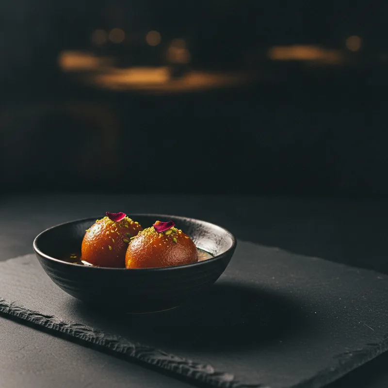 Two gulab jamun plated in golden saffron syrup with slivered pistachio