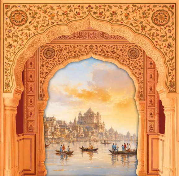Painting of Banaras at golden hour seen through a carved arch — palaces and boats on the river