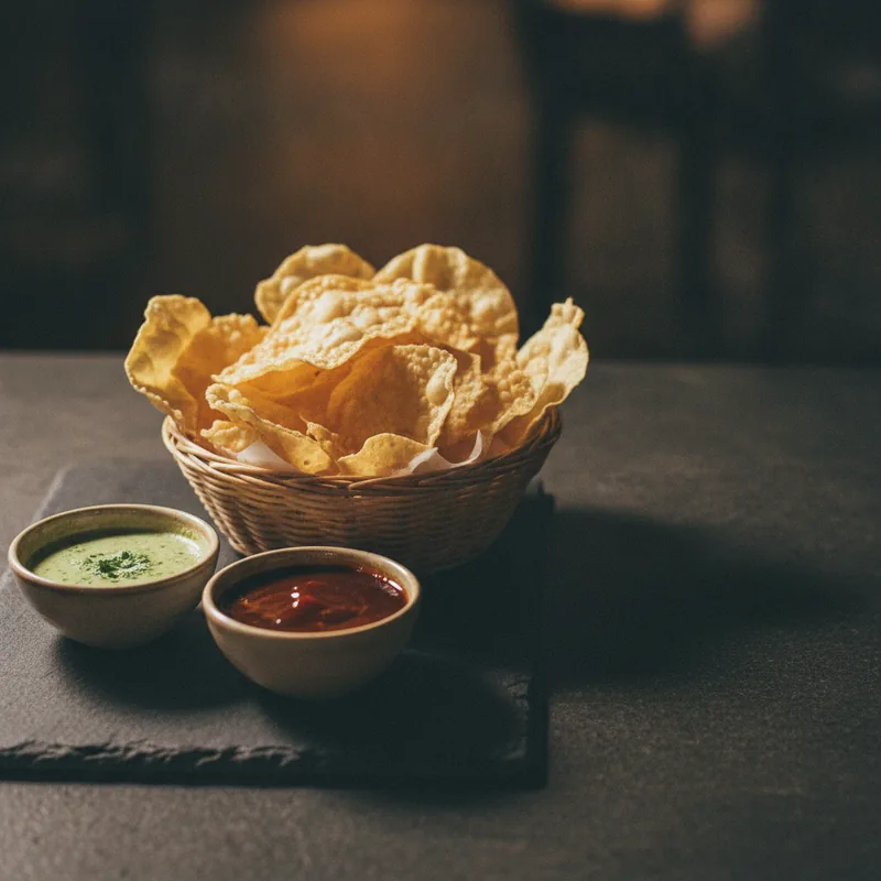 A basket of crisp pappadums with small bowls of mint and tamarind chutney