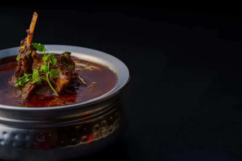 Beef rogan josh in a dark gravy bowl