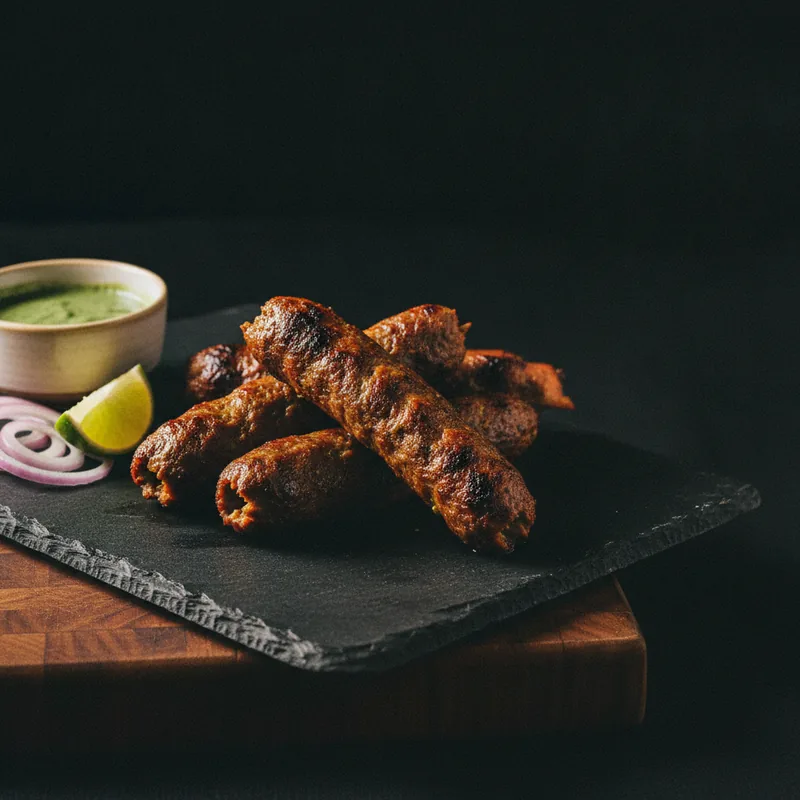 Premium lamb seekh kebabs off the tandoor, plated on dark slate with mint sauce and lime
