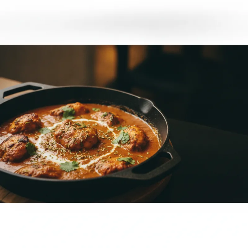 Butter chicken in a black cast-iron pan, finished with cream and fresh coriander