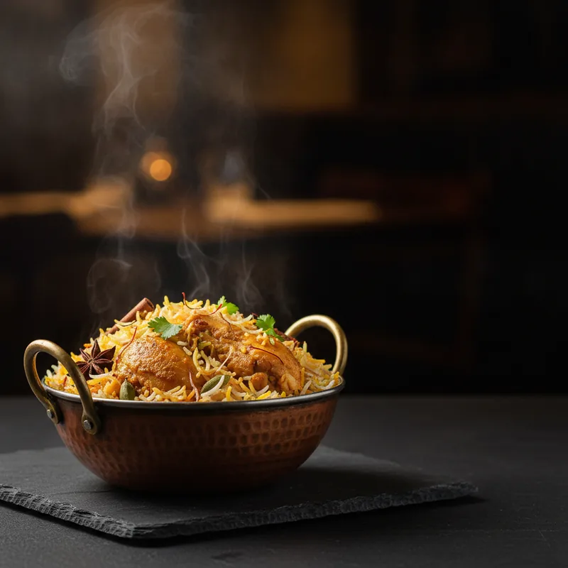 Chicken biryani with saffron basmati, bone-in chicken and caramelised onions in a copper handi