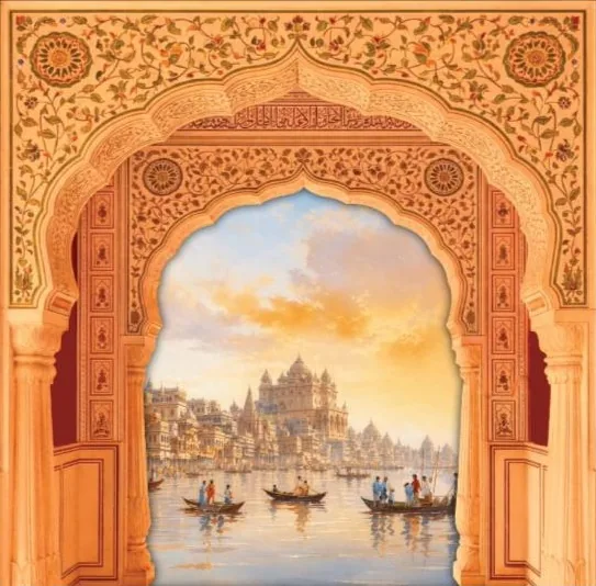 Painting of the Varanasi ghats at golden hour framed through an ornate Mughal arch — palaces and boats on the Ganga